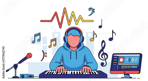 Flat vector music producer creating track using MIDI keyboard and headphones. Clean studio composition