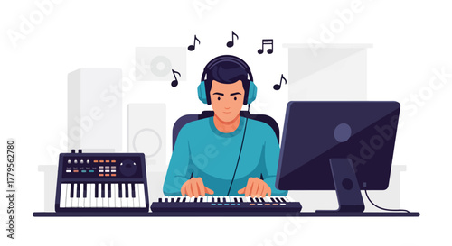 Flat vector music producer creating track using MIDI keyboard and headphones. Clean studio composition
