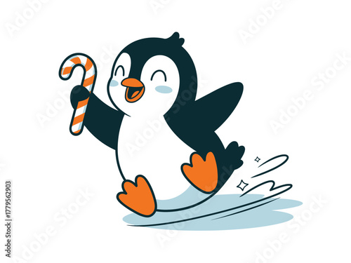 A cute cartoon penguin joyfully holding a candy cane and sliding on ice.