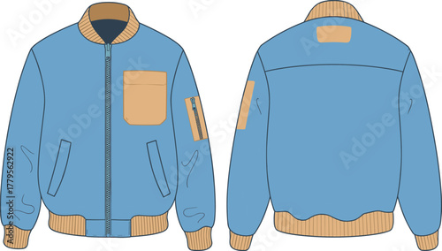 Bomber jacket front and back view, fashion flat sketch, apparel design vector, stylish outerwear illustration, garment detail drawing, cad drawing flat vector illustration