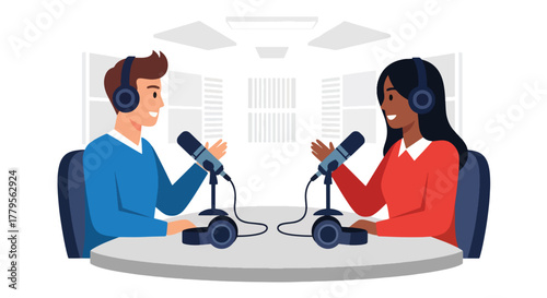 Flat vector podcaster recording audio with microphone and headphones in cozy sound room