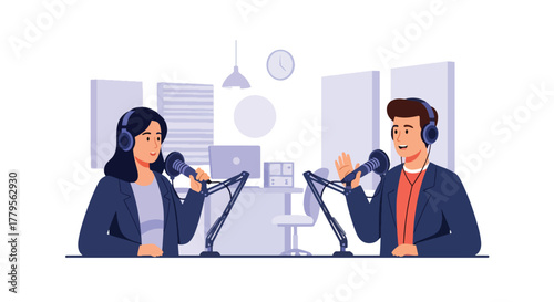 Flat vector podcaster recording audio with microphone and headphones in cozy sound room