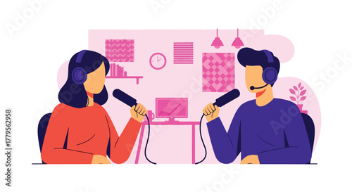 Flat vector podcaster recording audio with microphone and headphones in cozy sound room