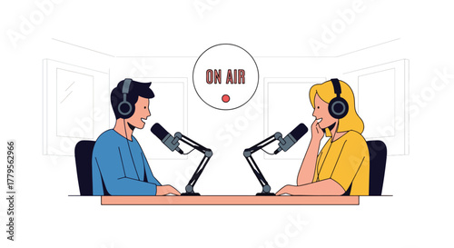 Flat vector podcaster recording audio with microphone and headphones in cozy sound room