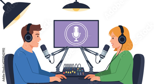 Flat vector podcaster recording audio with microphone and headphones in cozy sound room