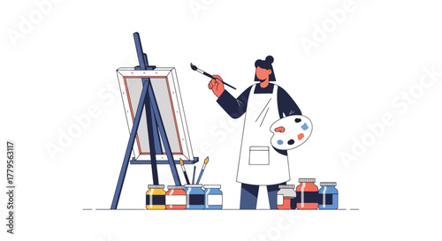 Flat vector illustrator painting on canvas with jars of paint beside. Artistic studio mood with solid shapes