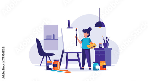 Flat vector illustrator painting on canvas with jars of paint beside. Artistic studio mood with solid shapes
