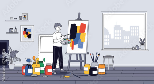 Flat vector illustrator painting on canvas with jars of paint beside. Artistic studio mood with solid shapes