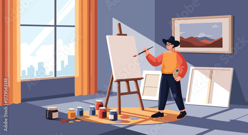 Flat vector illustrator painting on canvas with jars of paint beside. Artistic studio mood with solid shapes