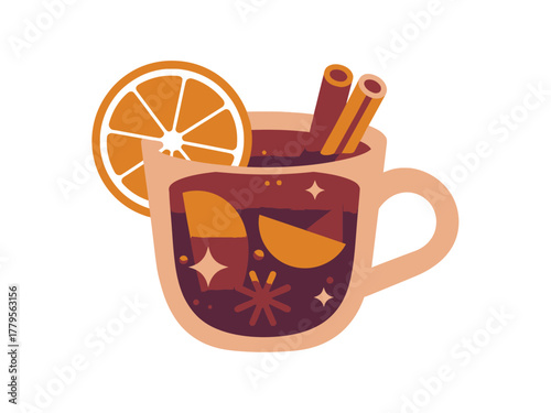 A warm mug of mulled wine with orange slices and cinnamon sticks is ready to enjoy.