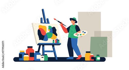 Flat vector illustrator painting on canvas with jars of paint beside. Artistic studio mood with solid shapes
