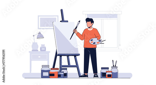 Flat vector illustrator painting on canvas with jars of paint beside. Artistic studio mood with solid shapes