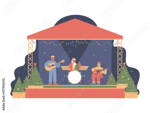 Musicians perform a Christmas concert on a decorated outdoor stage.