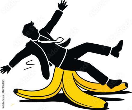Business Man Slipping on Banana Peel Accident - Corporate Mistake and Risk Concept Vector