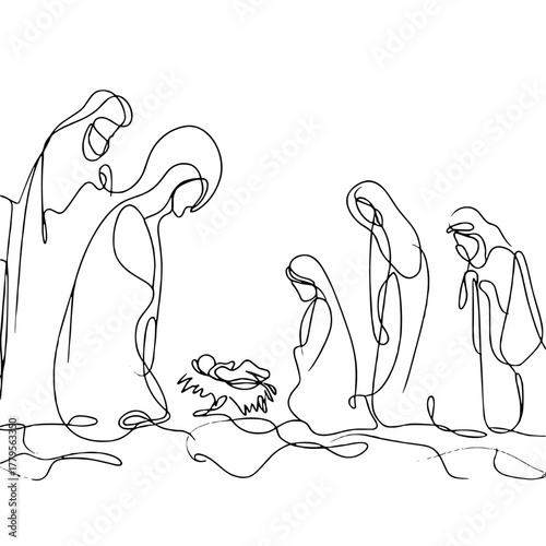 Linear composition “Nativity Scene 2027” Biblical Christmas Scenes outline / minimal linear vector