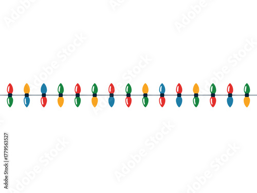 A string of colorful Christmas lights is displayed against a white background.