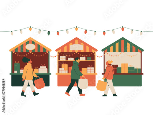People shop for gifts at a holiday market with festive lights strung above the stalls.