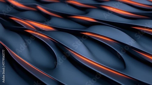Abstract design with flowing dark shapes and orange highlights.