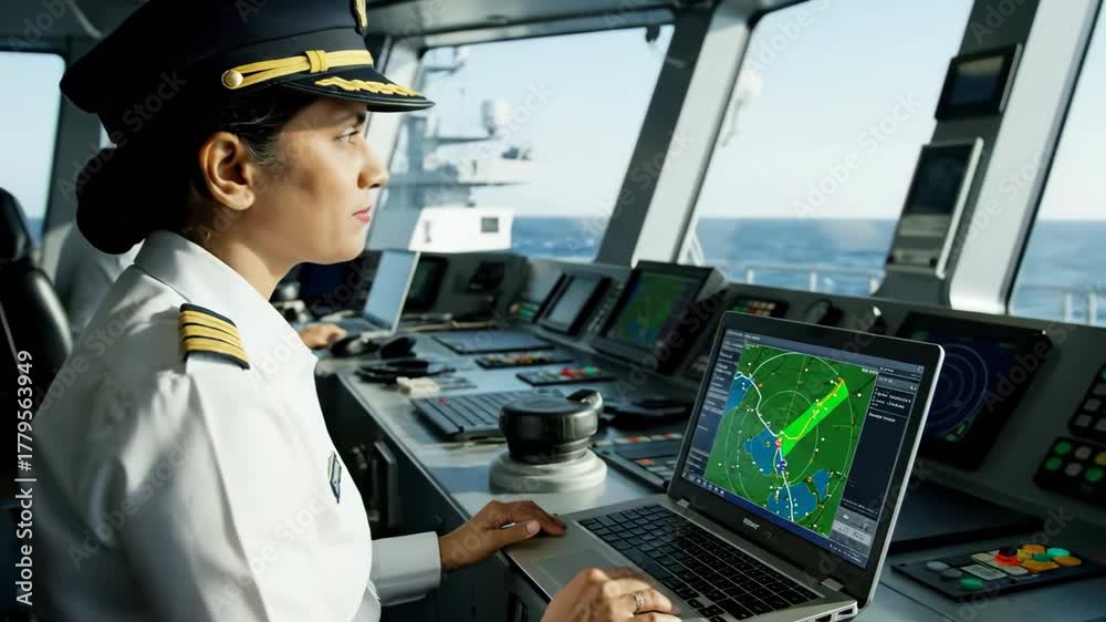Female ship captain reviewing radar data on a laptop at the helm of a ...