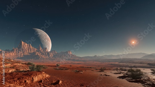 Alien landscape with planets and a star across the vast barren lands