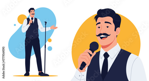 A cheerful presenter with a distinct mustache and elegant attire holds a microphone, delivering a speech or performance.