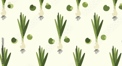 A fresh and clean seamless pattern featuring vibrant green onion illustrations and abstract dots on a soft cream background.