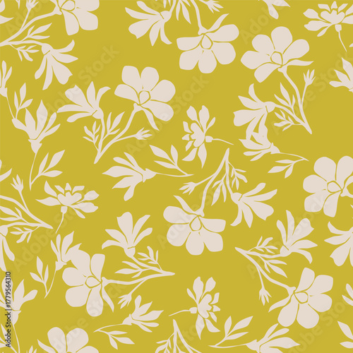 Floral botanical vector texture pattern with flowers and leaves. Seamless pattern can be used for wallpaper, pattern fills, web page background, surface textures.
