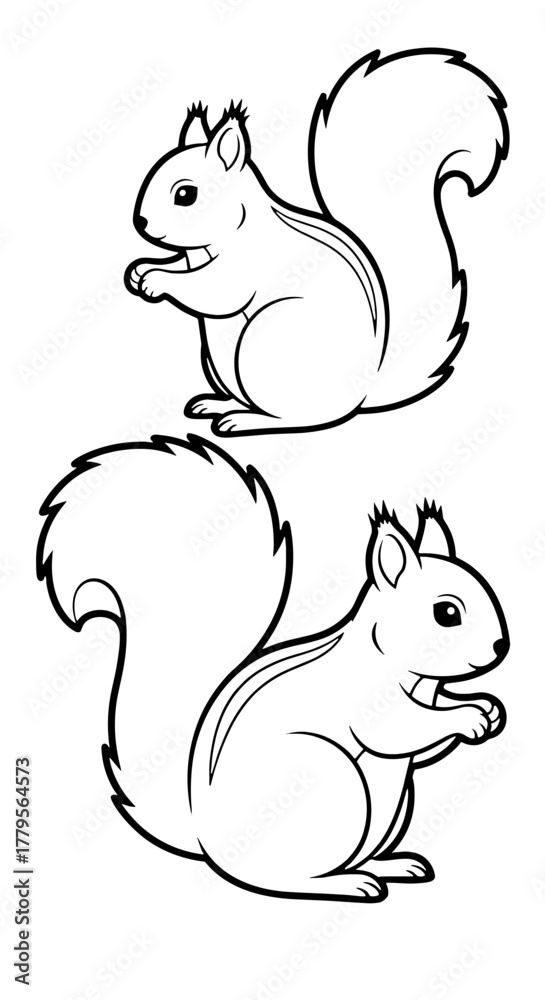 Fototapeta premium Adorable Squirrels Eating Nuts Line Art Illustration for Children's Books, Coloring Pages and Educational Materials. Featuring cute animal characters, simple design, outline drawings, wildlife theme,