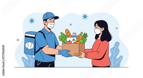 Delivery person wearing a face mask and gloves hands a box of fresh groceries to a female customer, illustrating safe home delivery services during a pandemic.