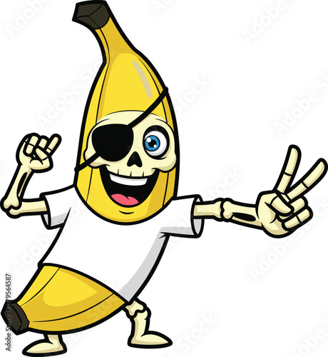 Cartoon banana skeleton character, funny fruit mascot illustration, pirate style vector drawing, playful food artwork, creative anthropomorphic design, cad drawing flat vector illustration