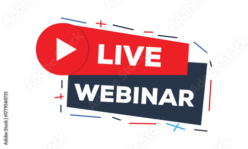 Geometric symbol proclaims live webinar event using a red and navy block design