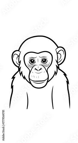Chimpanzee Portrait in Black and White: Detailed Line Art Illustration of an Ape Gazing Forward, Perfect for Educational Materials, Wildlife Projects, Children's Books, and Conservation Awareness Camp