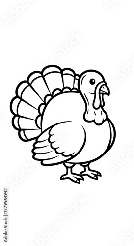 Whimsical Turkey Illustration Preparing for Thanksgiving Feast, Isolated on White Background for Holiday Greetings & Educational Materials, Festive Autumn Celebration & Farm Animal Projects, Cute Line