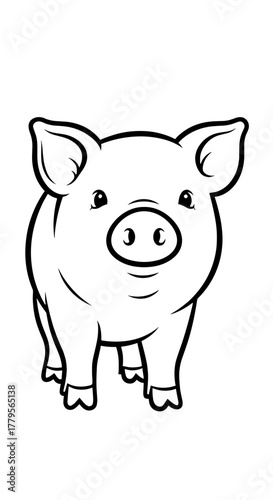 Adorable Piglet Illustration in Simple Black and White, Standing Upright, Perfect for Children's Books, Farm-Themed Designs, Educational Materials, and Cute Animal Graphics, Line Art for Coloring Page
