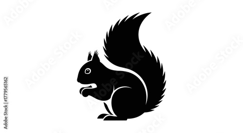 Black silhouette of a squirrel holding food with a bushy tail on a white background.