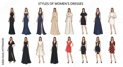 A comprehensive collection showcasing various styles of women's dresses, including formal gowns, cocktail dresses, and casual wear, featuring different silhouettes, necklines, and sleeve designs.