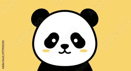 Cartoon panda face with black ears and patches around the eyes, against a yellow background.