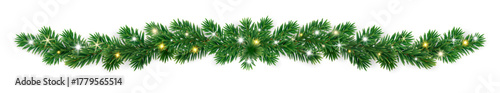 Realistic Christmas garland of lush fir branches with twinkling lights and sparkles. Beautiful festive decoration for banners and greeting cards. Transparent background in vector file.