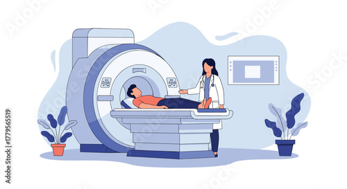 A doctor assists a patient lying on a bed entering an MRI machine for a diagnostic scan in a modern medical imaging facility.