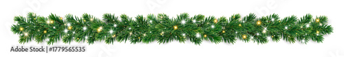Horizontal Christmas garland of green fir branches with sparkling glowing lights. Realistic evergreen border for festive banners, cards, and headers. Transparent background in vector file.