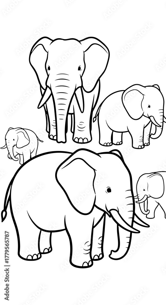 Obraz premium Elephant Family Gathering in the Wild, Coloring Page Activity for Kids, Educational Wildlife Illustration, Conservation Concept, Biodiversity, Ecology Theme, Line Art, Black and White Sketch, Animal W