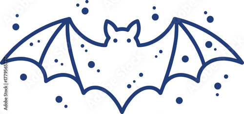 Cartoon bat illustration, dark blue line art, flying bat design, flat vector style, Halloween symbol, nocturnal animal graphic, CAD drawing artwork
