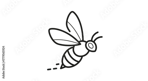 A simple black and white outline illustration of a flying bee, showing its wings.