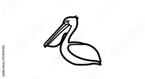 A simple, black and white outline drawing of a pelican bird.