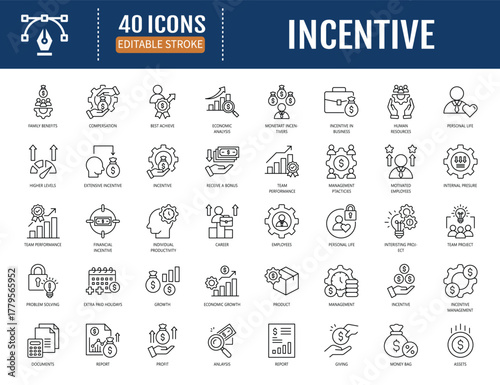 Incentive icon set. Includes higherlevel performance, government, humanresources, management practice, employee icon.Vector illustration with editable strokes