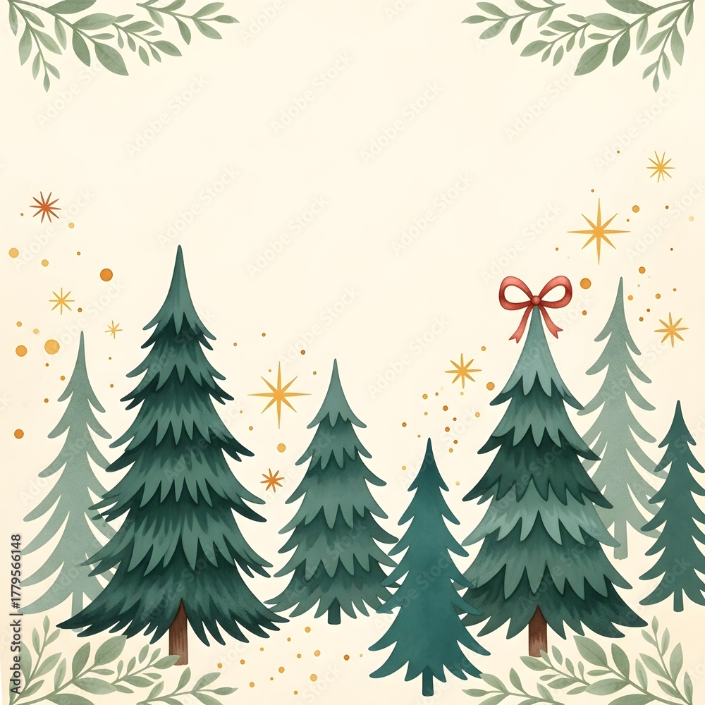Obraz premium Whimsical watercolor illustration of a festive evergreen forest with a red bow on the tallest tree