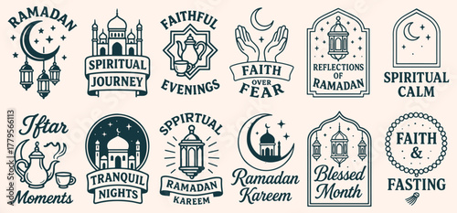 Ramadan and islamic spiritual badges collection depicting mosques, crescent moons, lanterns, teapots, and praying hands for holy month celebrations.