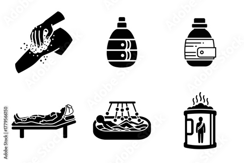 Spa and Wellness Treatment Icons Set: Hydrotherapy, Body Care, Detox, Skincare. Glyph Vector Illustrations