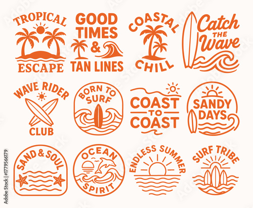 Collection of retro surf and beach themed badges with palm trees, sun, ocean waves, surfboards, dolphins, and inspiring text, perfect for summer vacation and tropical travel designs.