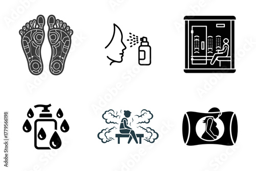 Health, Wellness & Beauty Spa Glyphs Set. Reflexology, Sauna, Steam Room, Pregnancy Care, Skincare, Personal Hygiene Icons. Medical, Relaxation & Body Care Vector Pictograms.
